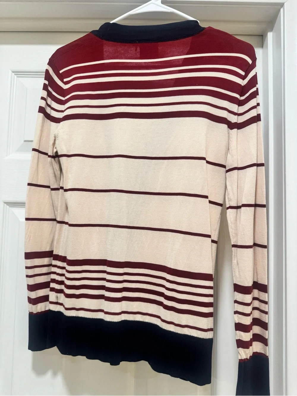 Tory Burch Maroon, Cream & blue Striped V-Neck Cardigan